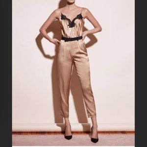 Fleur Du Mal Moonstone Gold 100% Silk Black Waistband Tapered Pants.